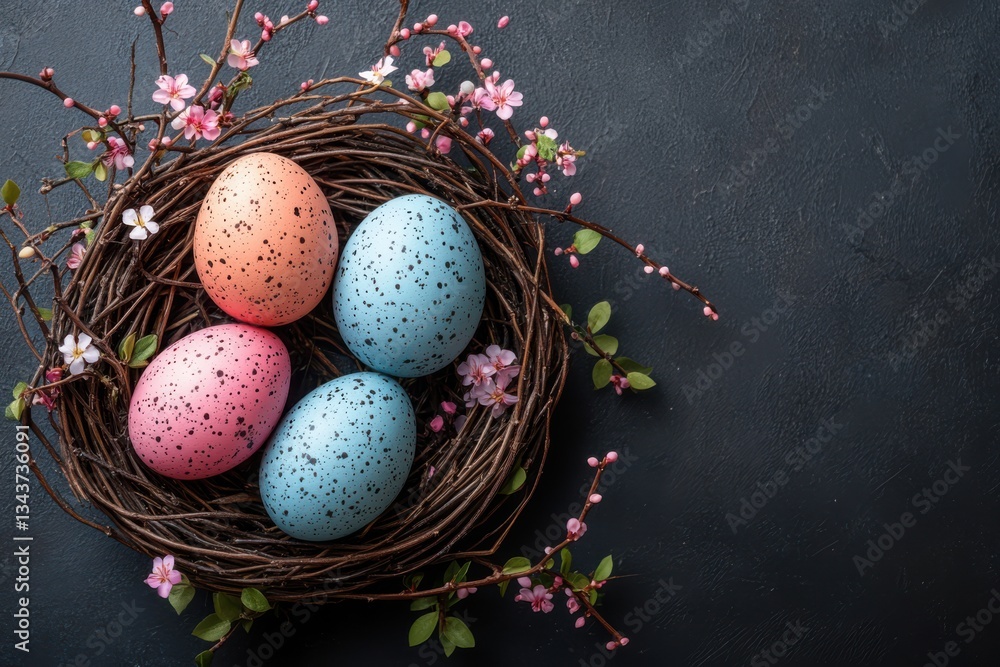 Poster easter eggs and decorations are displayed on a festive table. various colorful ornaments and pattern