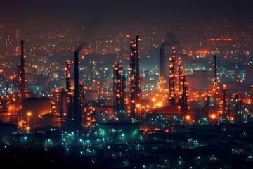 Fototapeta premium Industrial complex illuminated at night showcasing intricate patterns of lights and structures