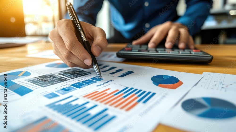 Aufkleber business professional analyzing financial data with graphs and charts on a desk, calculator in use