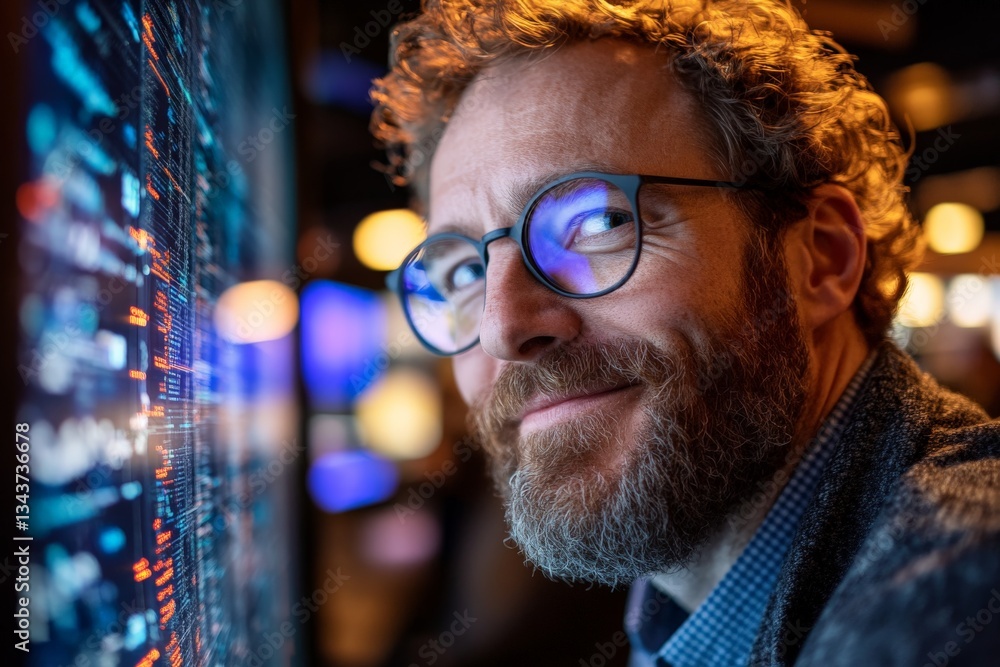 Aufkleber Professional man analyzing data on digital screen in modern workspace during evening hours