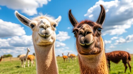 Obraz premium Two Llamas Close Up Portrait Sunny Day, Fluffy Friends, Happy Faces, Farm Animals llama, alpaca, portrait