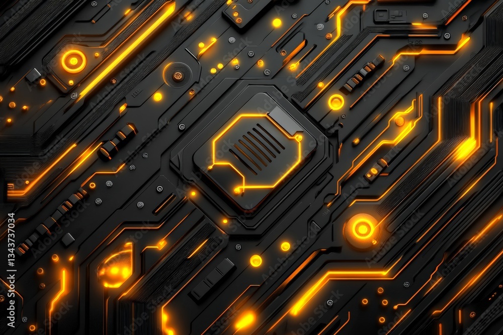 Aufkleber Electronic circuit design showcasing intricate patterns and glowing orange elements on a dark background