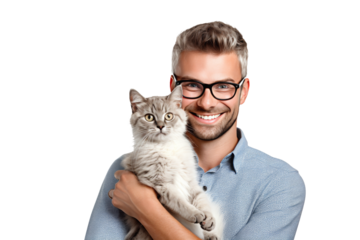 happy cat owner smiling holding his cat in arm copy
