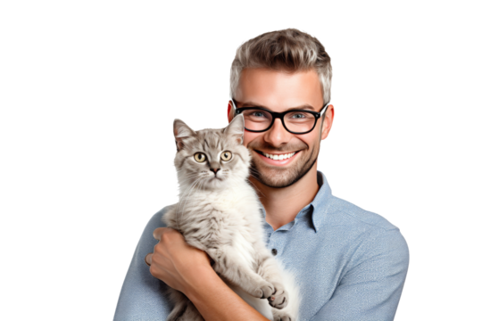 happy cat owner smiling holding his cat in arm copy
