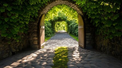 Stone Archway Garden Path Open Wooden Gate, Cobblestone Pathway, Lush Greenery, Sunlight, Nature Escape, , garden gate