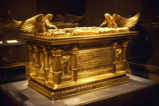 Ark of the Covenant a sacred golden chest built by the Israelites which holds the Ten Commandments given to Moses by God on Mount Sinai, Old Testament Bible stock illustration