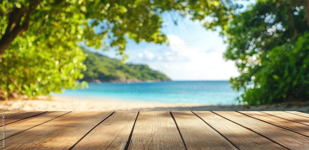 Poster empty wooden table top with a blurred background of a tropical beach and sea in summer, for product 