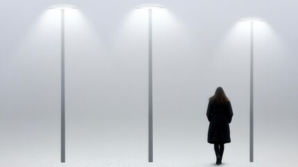 Fototapeta premium A lone woman in a dark coat walks away from the viewer in a foggy, dimly lit urban landscape. Three tall, slender light posts cast pools of light on the misty ground.
