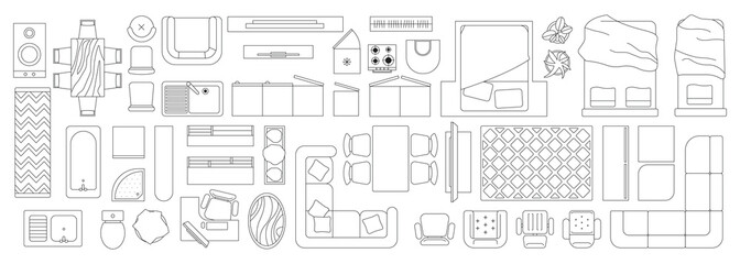 Furniture outline top view. Floor plan icons set for design interior and architectural project. Furniture thin line icon in top view for layout. © senja