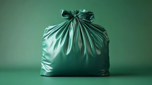 A green plastic bag with a bow tied around it