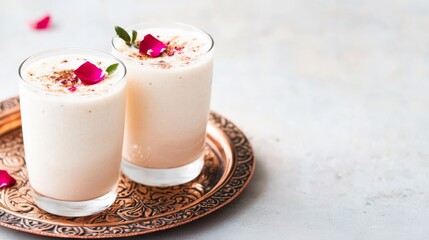 Rose Lassi Recipe Two Glasses on Copper Tray, Indian Drink, Creamy Texture, Spices Indian drink, Rose Lassi
