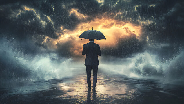 Businessman Facing Storm Resilience, Challenge, and Hope in Dark Times