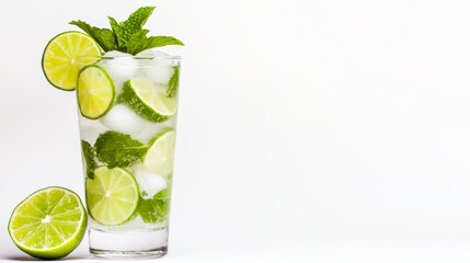 Fototapeta premium Refreshing Mojito Cocktail Lime, Mint, Ice in Tall Glass,Summer Drink Recipe, Beverage Photography Mojito, Cocktail