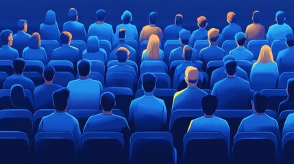 Fototapeta premium A stylized illustration of a movie audience viewed from behind, predominantly in shades of blue with hints of warm yellow hair. People are seated in rows, facing a screen unseen.