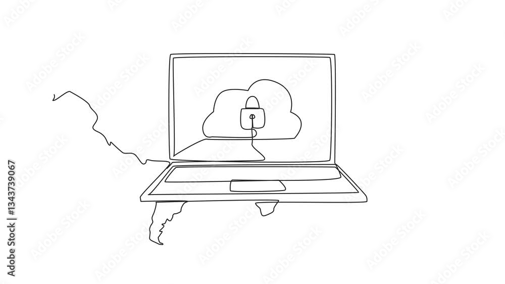 Aufkleber animation of continuous one line drawing cloud server and padlock in the middle of the laptop monito