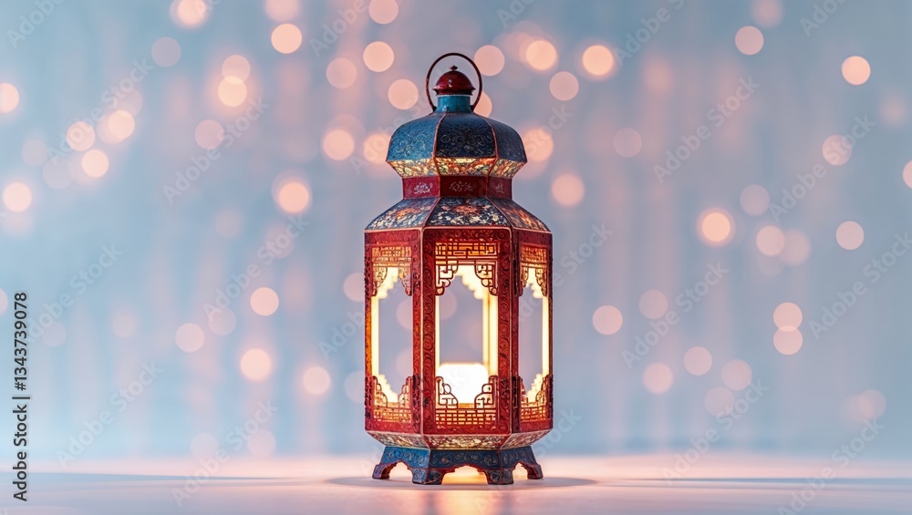 Poster decorative lantern illuminated against a soft glowing background in a serene setting during the even