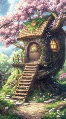 Enchanting Treetop House Nestled Amongst Cherry Blossoms. A whimsical illustration of a fairytale cottage built into the trunk of a large tree, surrounded by spring blossoms.