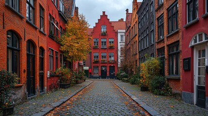 Charming cobblestone street lined with colorful autumn buildings in Bruges