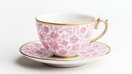 Fototapeta premium Pink Floral Teacup and Saucer Gold Trim, Close-up, Elegant Design, Tea Time, Porcelain, Vintage Teacup, Saucer