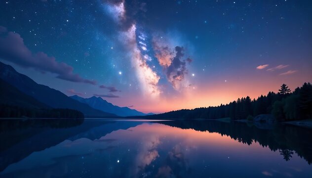 Serene night sky with milky way above calm lake reflection, horizon, peaceful, astrophotography - Powered by Adobe