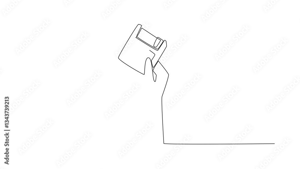 Aufkleber animated self drawing of single one line drawing hand holding a floppy disk. ancient storage technol