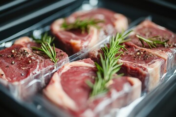 Fresh cuts of beef steaks seasoned with herbs ready for cooking in a vacuum-sealed package