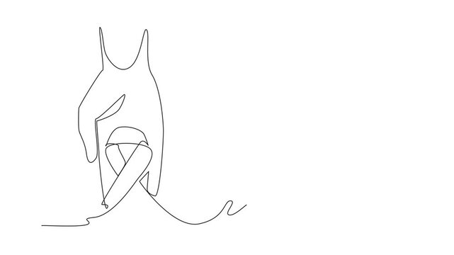 Self drawing animation of continuous one line drawing hand hold green ribbon. Symbol guarding and caring with care. They should be happy. National Cerebral Palsy Awareness Month. Full length animated