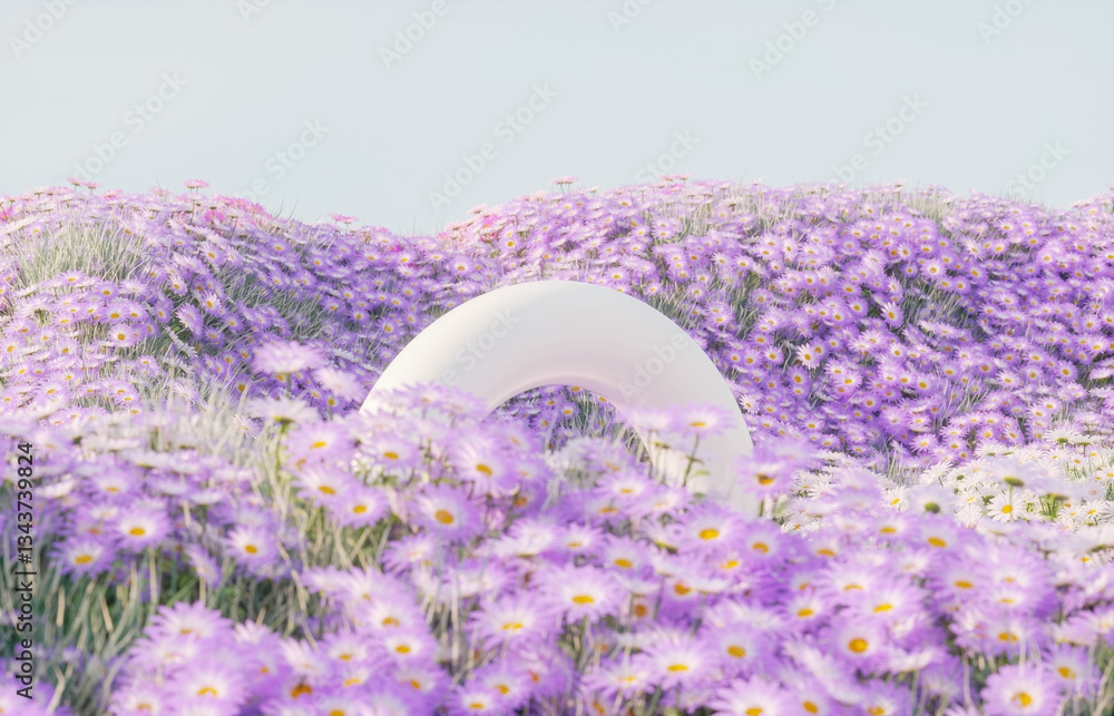 Aufkleber abstract spring flowers landscape scene with white podium. 3d rendering.