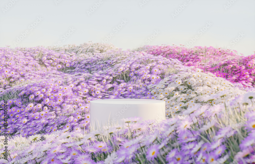 Poster abstract spring flowers landscape scene with white podium. 3d rendering.