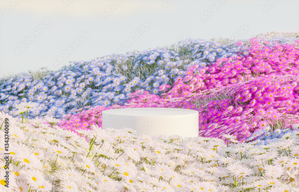 Poster abstract spring flowers landscape scene with white podium. 3d rendering.