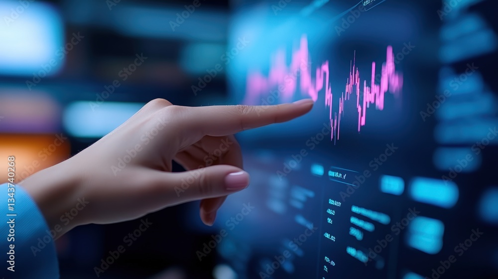 Poster a hand points at a digital screen displaying a fluctuating stock market graph, emphasizing data anal