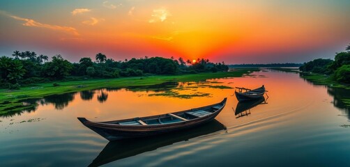 Serene sunset paints the Senegal River, lush greenery mirrored in calm waters, rustic boats gently bobbing, boats, sunset