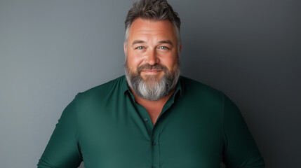 Fototapeta premium Portrait of an overweight man wearing a green shirt on a gray background. 