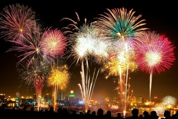 Fourth of July Fireworks: Colorful fireworks lighting up the night sky over a cityscape, with a faint crowd watching from below