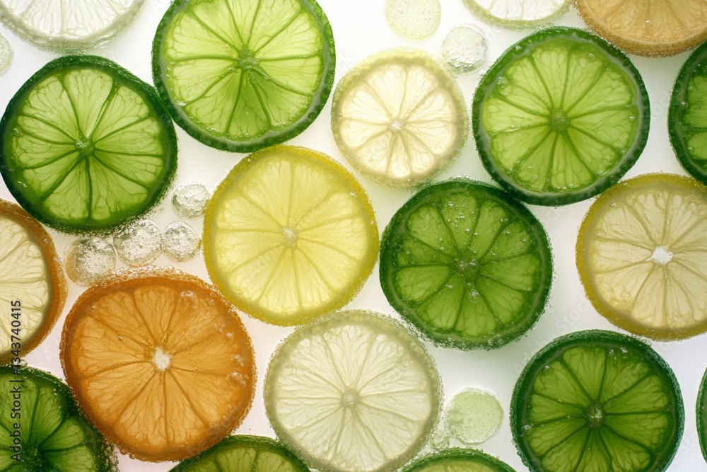 Poster Colorful citrus slices arranged in a refreshing display on a white background during a bright afternoon