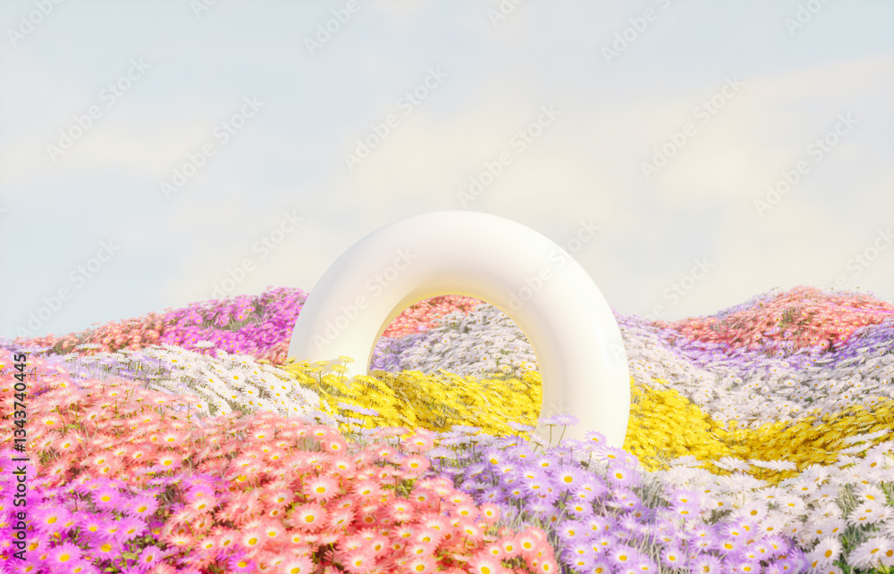 Poster abstract spring flowers landscape scene with white podium. 3d rendering.