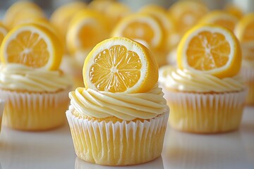 Lemon cupcakes topped with fresh lemon slices create a delightful display at a bakery on a sunny afternoon