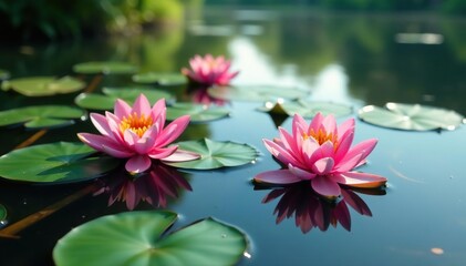 Water lilies form a natural floral pattern on a still lake, macro, flowers, image