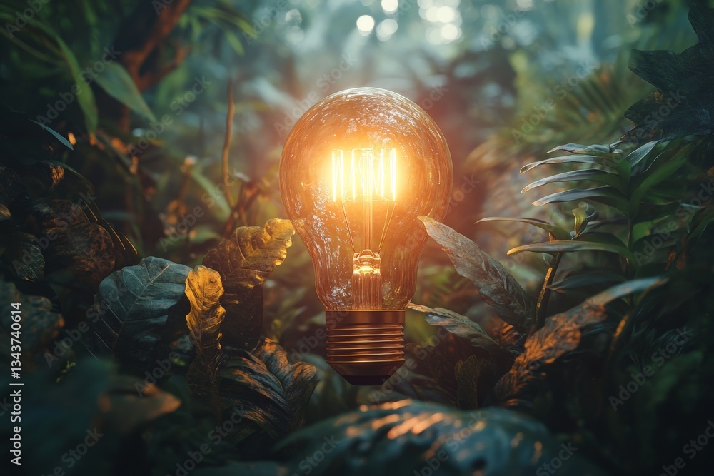 Poster Illuminated light bulb surrounded by lush greenery in a serene forest during twilight hours