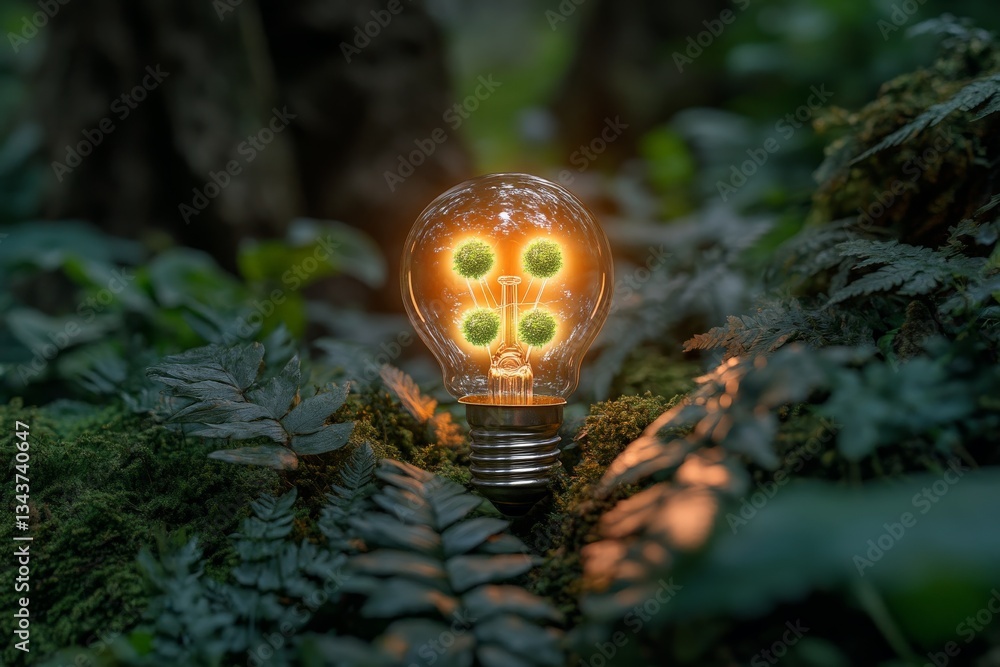 Poster light bulb grows greenery in serene forest environment showcasing nature and innovation together