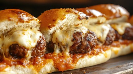 Delicious meatball sub sandwich with melted cheese and marinara sauce, served on a rustic wooden table