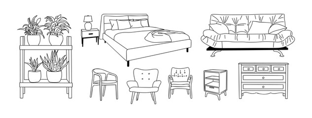 Collection of elegant modern furniture and home interior decorations of trendy Mid Century modern retro 70s t style hand drawn black sketch on transparent background. Monochrome vector illustration.