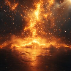 A mesmerizing display of golden light and glowing embers over dark water