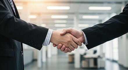 🤝🤝Handshake Deal: Business partners sealing a deal with a firm handshake, a symbol of trust, agreement, and successful collaboration within a modern office setting.