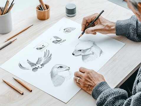 Artist sketching animals at desk.