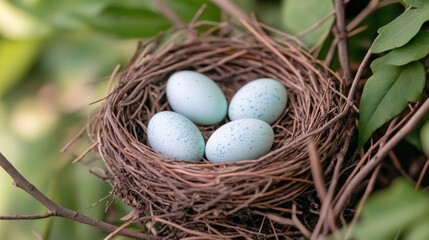 Obraz premium Four Speckled Bluebird Eggs in Nest, Nature Photography, Spring, Bird, Avian, Wildlife, Eggs Bird eggs