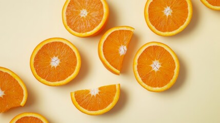 Fototapeta premium Flatlay of Juicy Orange Slices on Yellow Background, Vibrant Citrus Composition, Healthy Food Concept, Food Photography Orange, Citrus, Flatlay