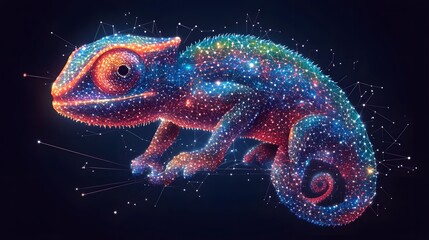 A vibrant digital art piece depicting a chameleon as a constellation of light. Animal star constellation. Sky zodiac horoscope background style