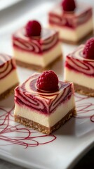 Delicious raspberry swirl cheesecake squares with a graham cracker crust, garnished with fresh raspberries on a white plate.