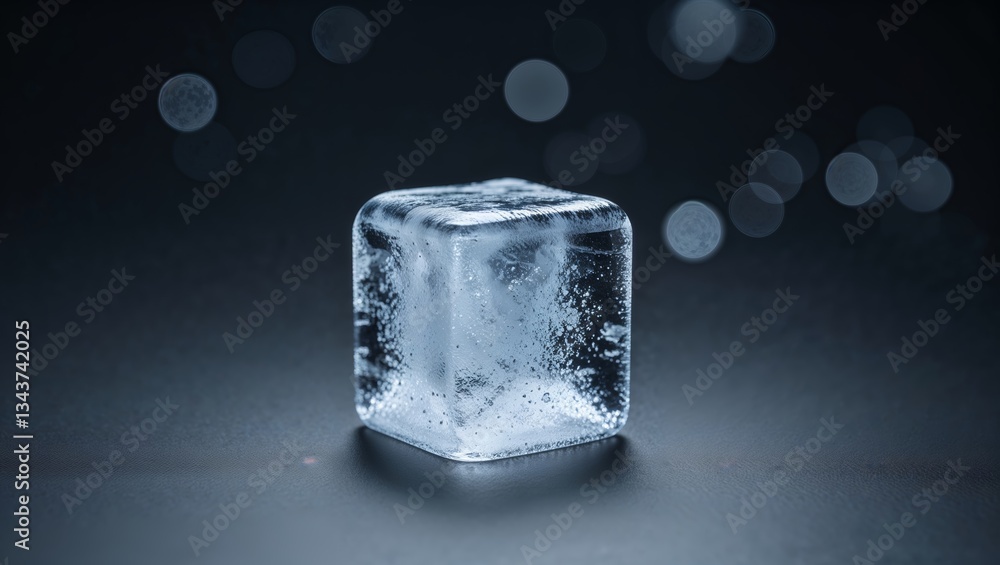 Poster single ice cube glistens on a dark surface with soft bokeh lights in the background
